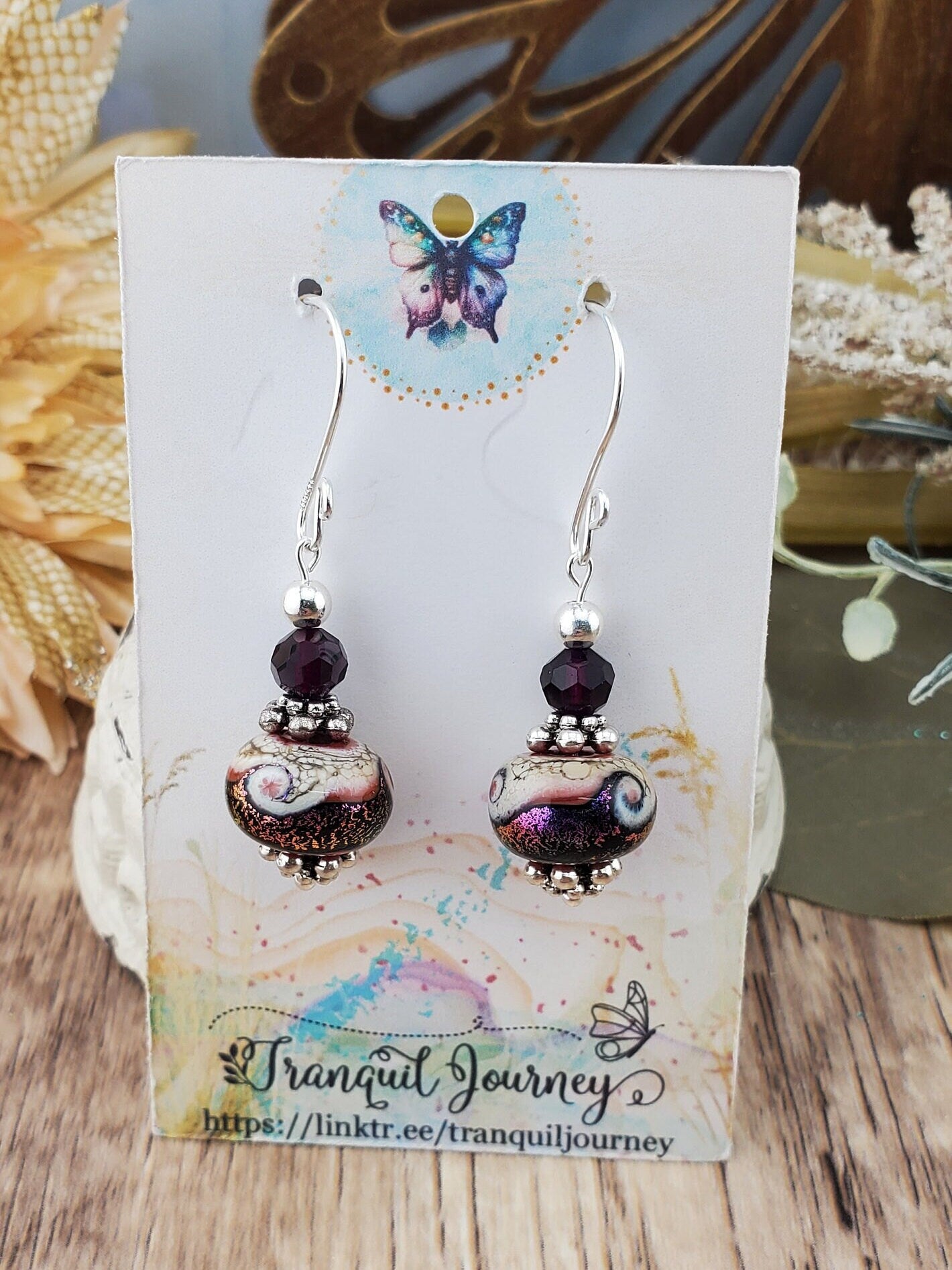 Purple Shimmer Artisan Glass Earrings, Lampwork Glass Bead handcrafted by a talented artisan, Silver Filled Earring Wire