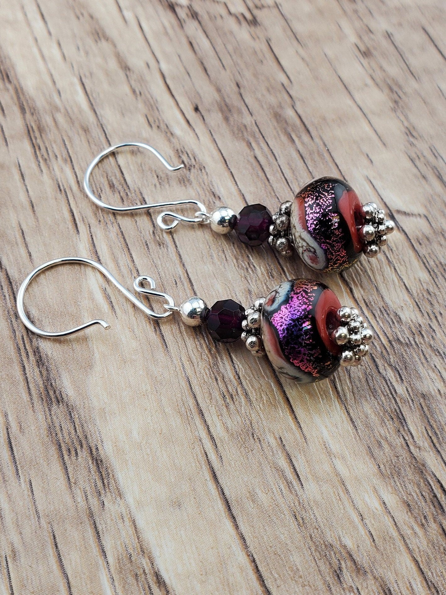 Purple Shimmer Artisan Glass Earrings, Lampwork Glass Bead handcrafted by a talented artisan, Silver Filled Earring Wire