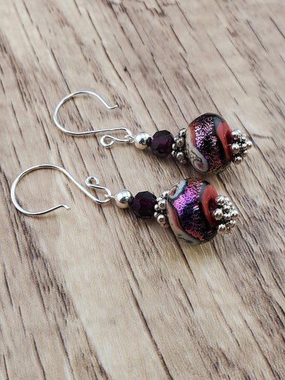 Purple Shimmer Artisan Glass Earrings, Lampwork Glass Bead handcrafted by a talented artisan, Silver Filled Earring Wire