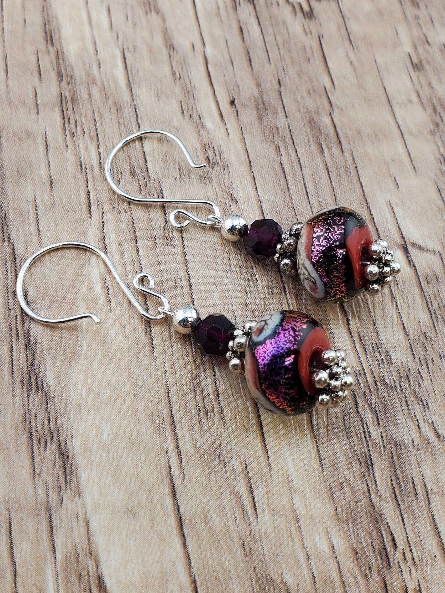 Purple Shimmer Artisan Glass Earrings, Lampwork Glass Bead handcrafted by a talented artisan, Silver Filled Earring Wire