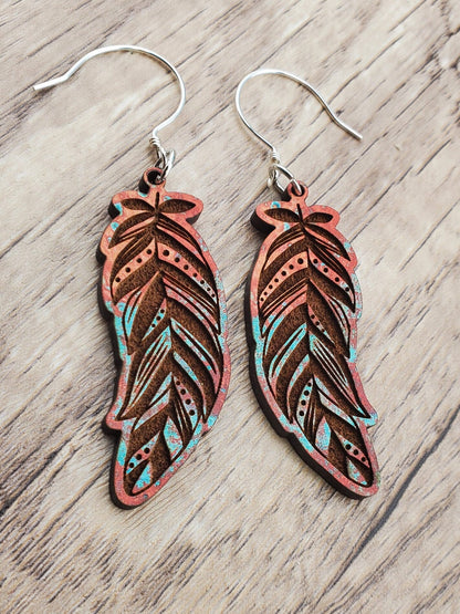 Fall Feather - Laser cut Lightweight Wood earrings - Sterling Silver Hooks