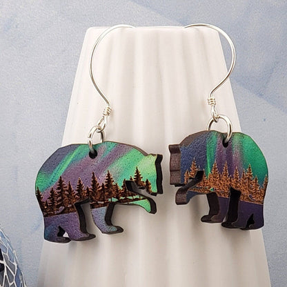 Northern Lights Polar Bear - Laser cut Lightweight Wood earrings - Sterling Silver Hooks