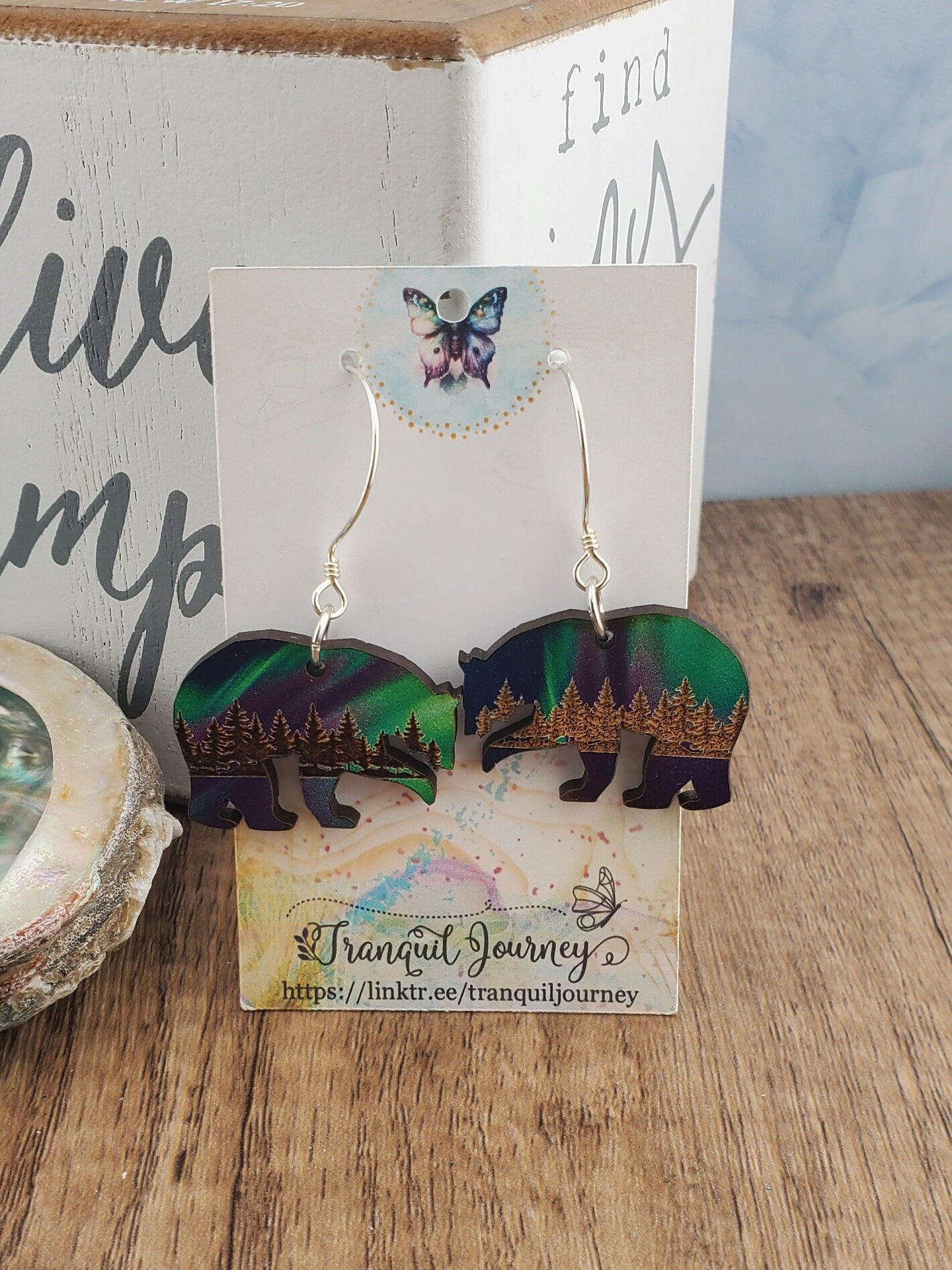 Northern Lights Polar Bear - Laser cut Lightweight Wood earrings - Sterling Silver Hooks