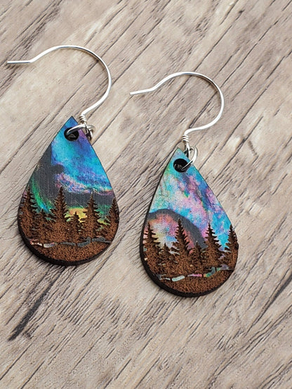 Northern Lights Forest Sky - Laser cut Lightweight Wood earrings - Sterling Silver Hooks