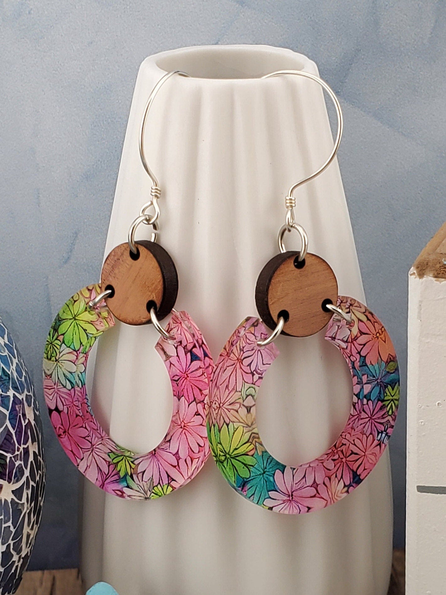 Colorful Flowers Dangle Earrings - Laser cut Lightweight Wood and Acrylic earrings - Sterling Silver Hooks