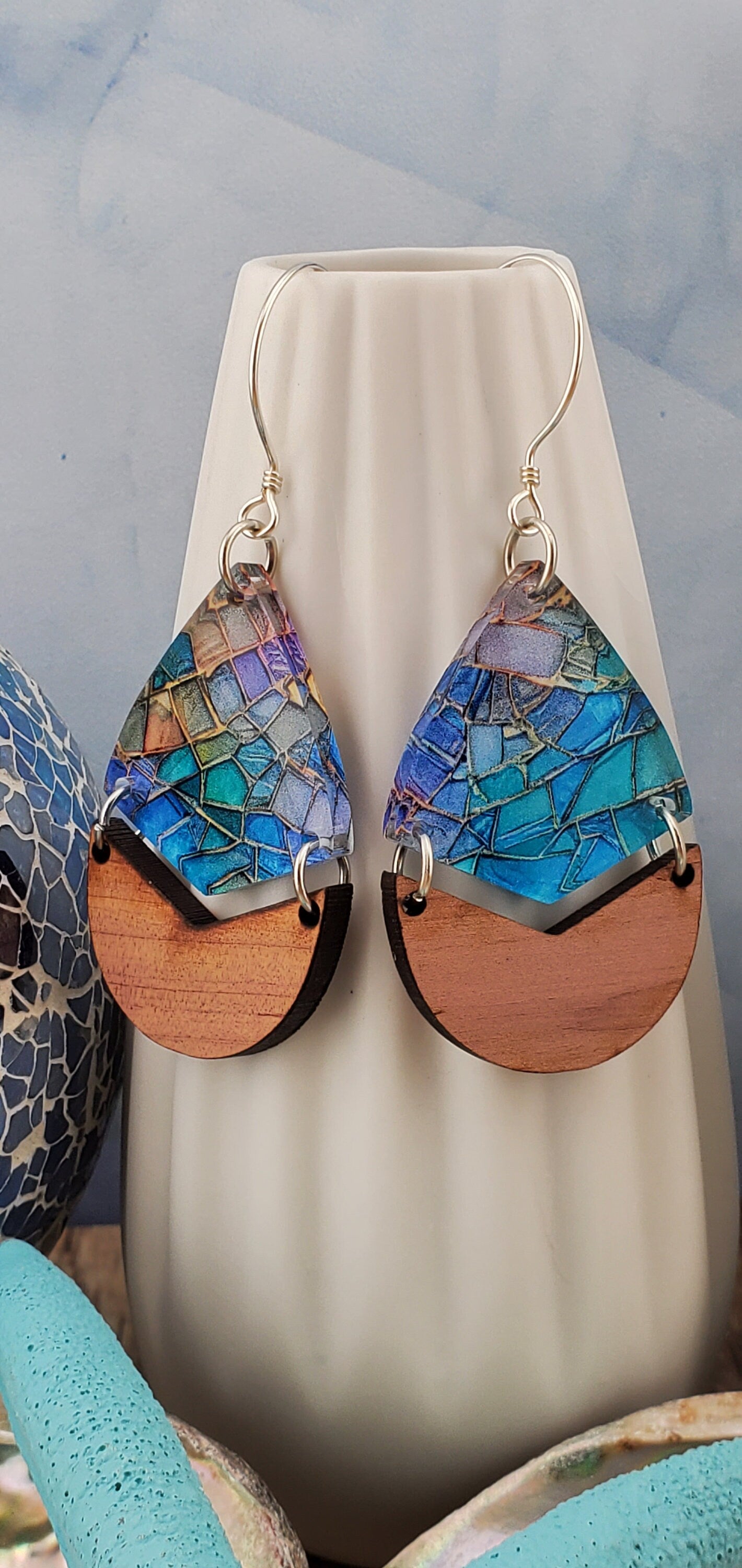 SS - Mermaid Scales Dangle Earrings - Laser cut Lightweight Wood and Acrylic earrings - Sterling Silver Hooks