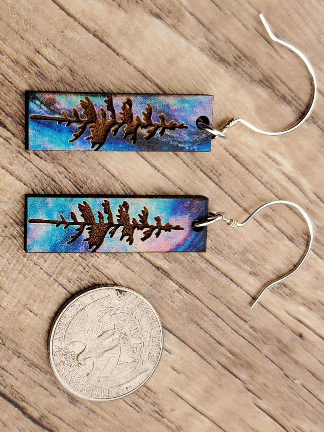 Northern Lights Forest Sky - Laser cut Lightweight Wood earrings - Sterling Silver Hooks