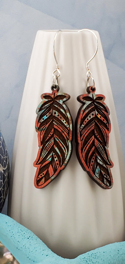 Fall Feather - Laser cut Lightweight Wood earrings - Sterling Silver Hooks