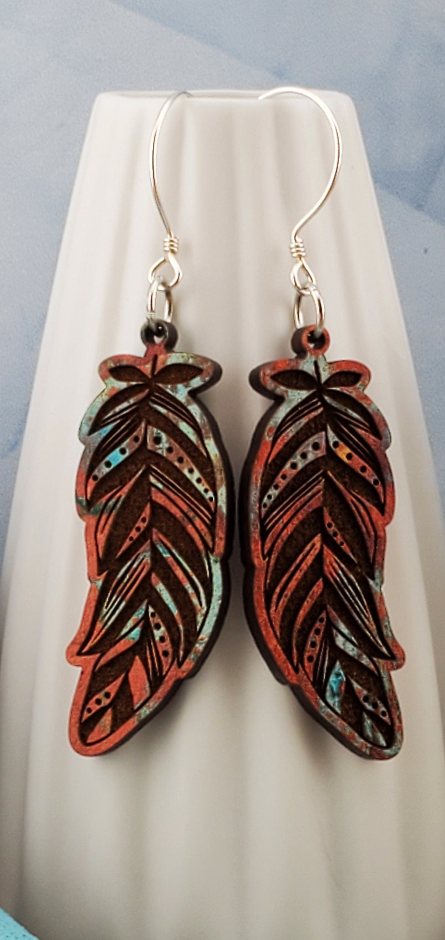 Fall Feather - Laser cut Lightweight Wood earrings - Sterling Silver Hooks