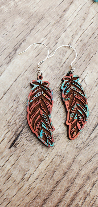 Fall Feather - Laser cut Lightweight Wood earrings - Sterling Silver Hooks