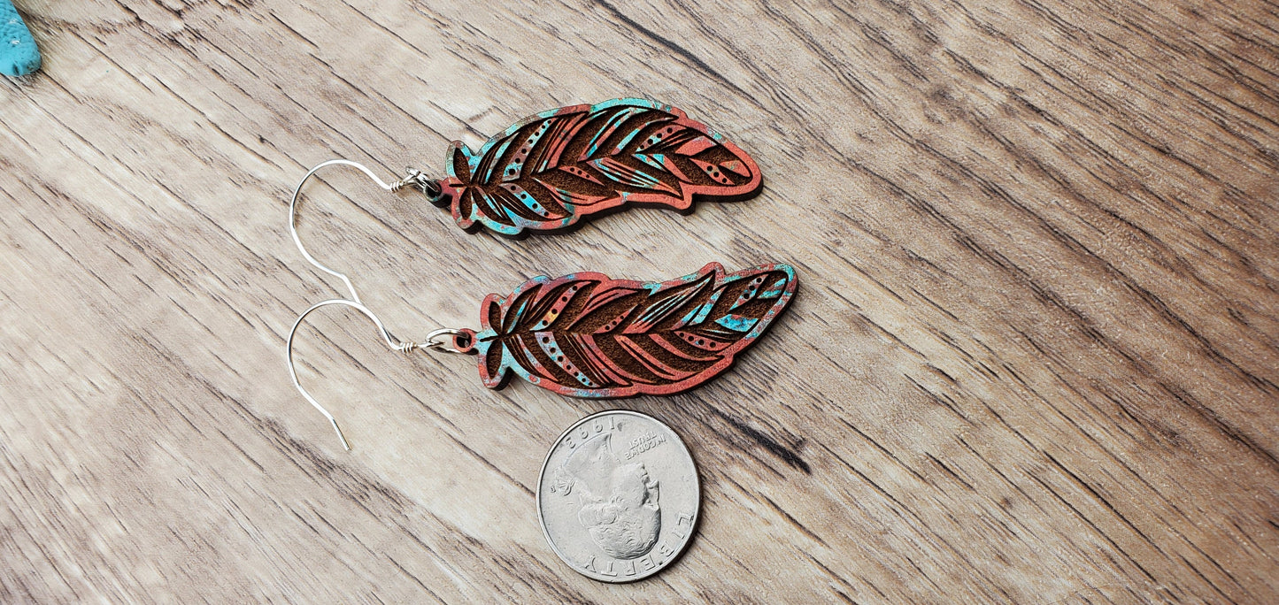 Fall Feather - Laser cut Lightweight Wood earrings - Sterling Silver Hooks