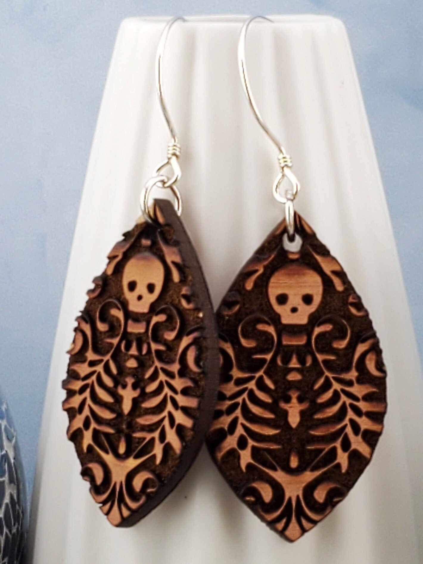 Day of the Dead Skull earrings - Laser cut Lightweight Wood earrings - Sterling Silver Hooks