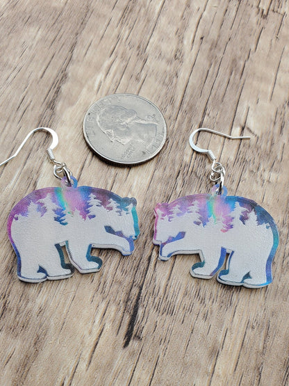 Northern Light Treeline Polar Bear earrings - Laser cut Lightweight Acrylic earrings - Silver Plated Hooks