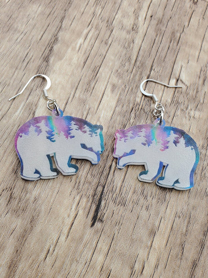 Northern Light Treeline Polar Bear earrings - Laser cut Lightweight Acrylic earrings - Silver Plated Hooks