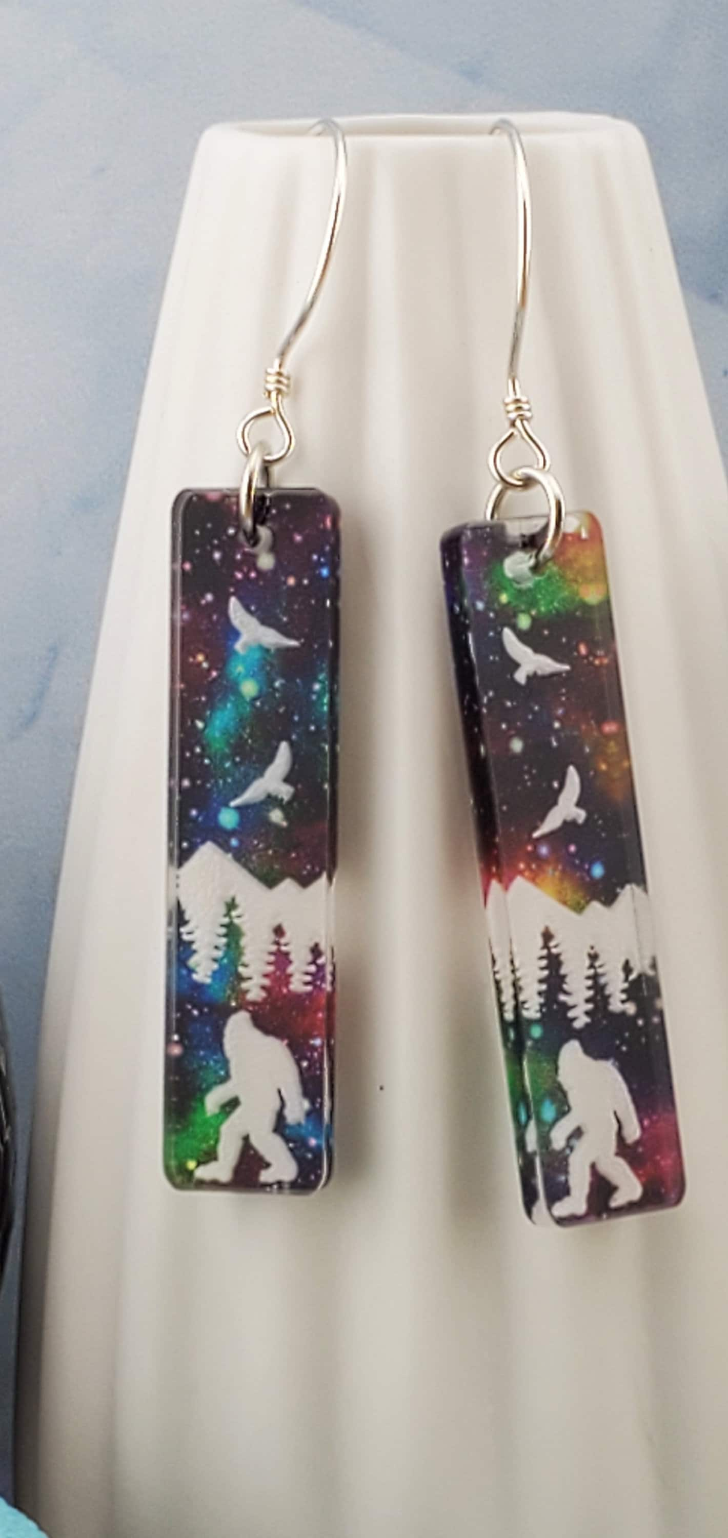 Northern Lights Bigfoot in the Forest - Laser cut Lightweight Acrylic earrings - Sterling Silver Hooks