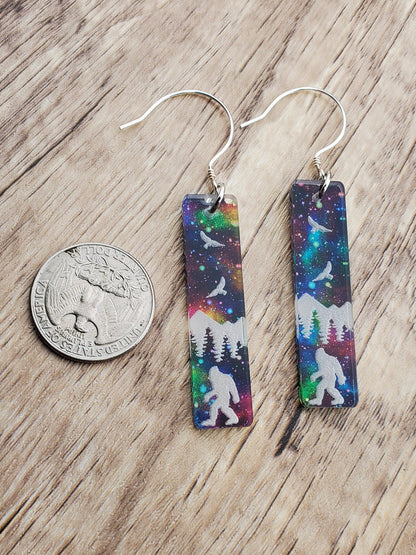 Northern Lights Bigfoot in the Forest - Laser cut Lightweight Acrylic earrings - Sterling Silver Hooks