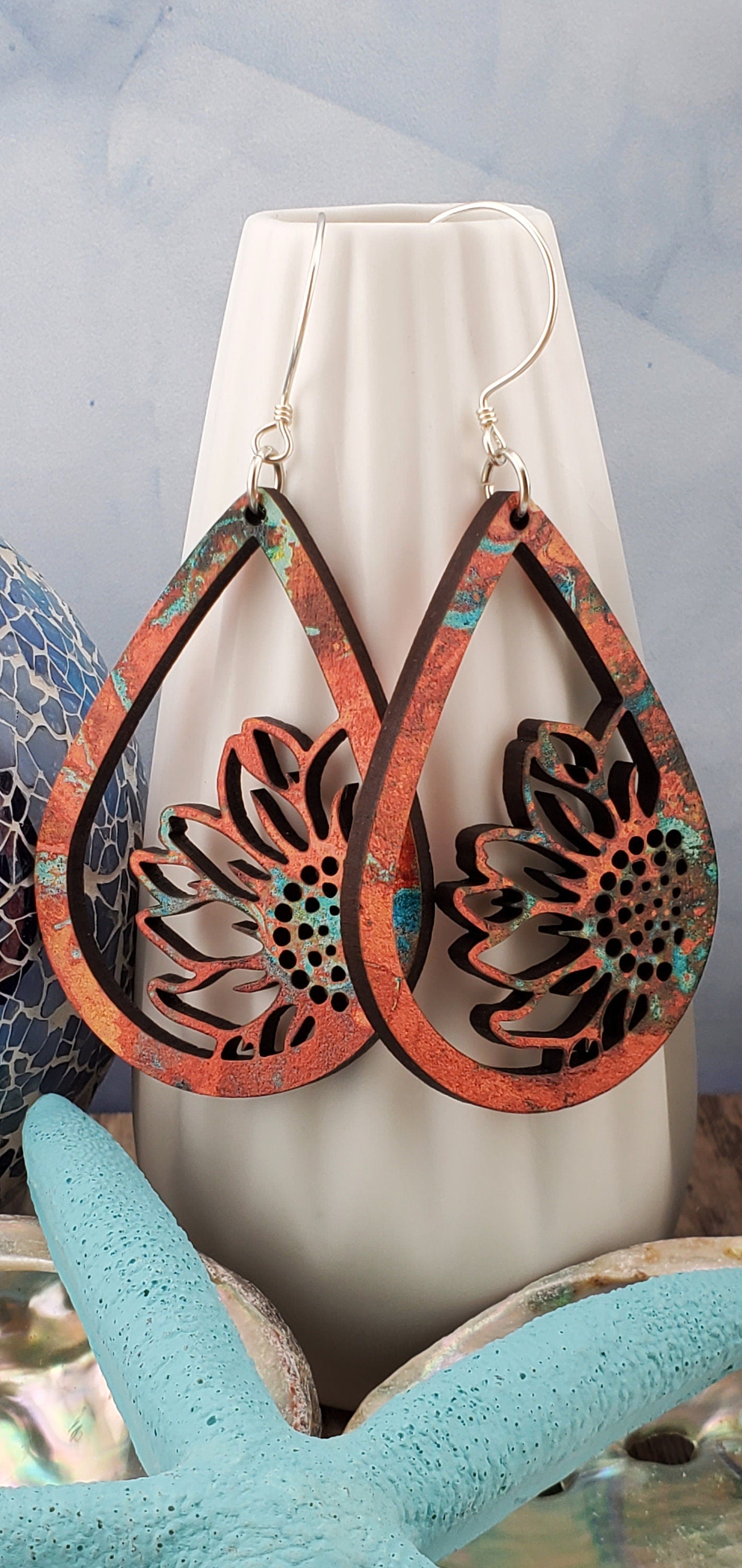 SS Autumn Sunflower - Laser cut Lightweight Wood earrings - Sterling Silver Hooks