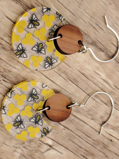 Honey Bee Dangle Earrings - Laser cut Lightweight Wood and Acrylic earrings - Sterling Silver Hooks