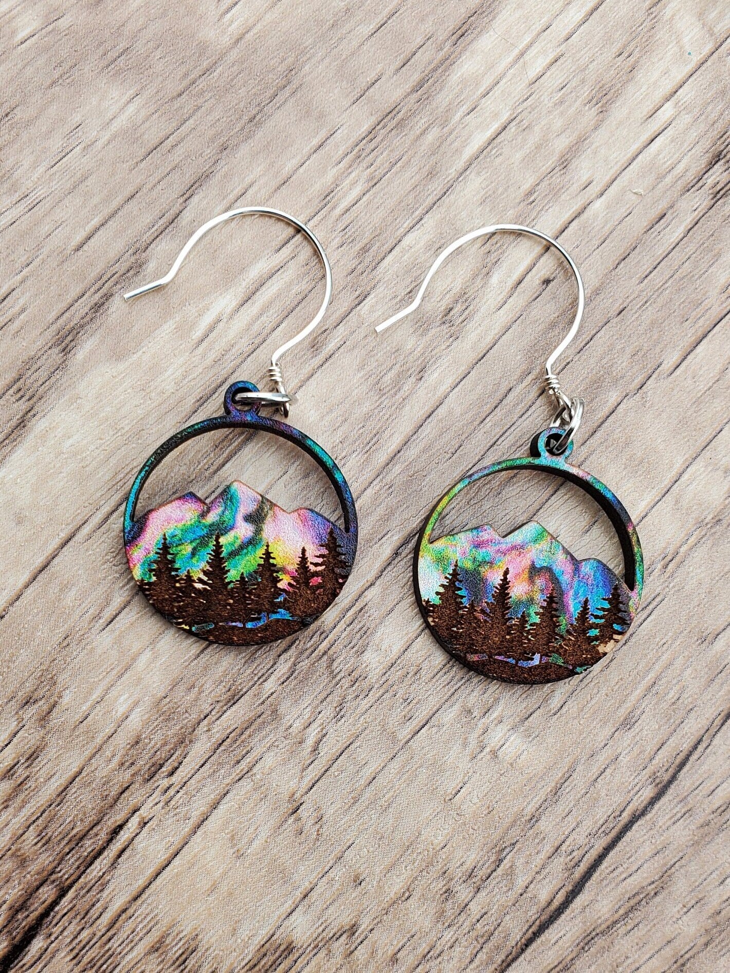 Northern Lights Mountains and Forest Sky - Laser cut Lightweight Wood earrings - Sterling Silver Hooks