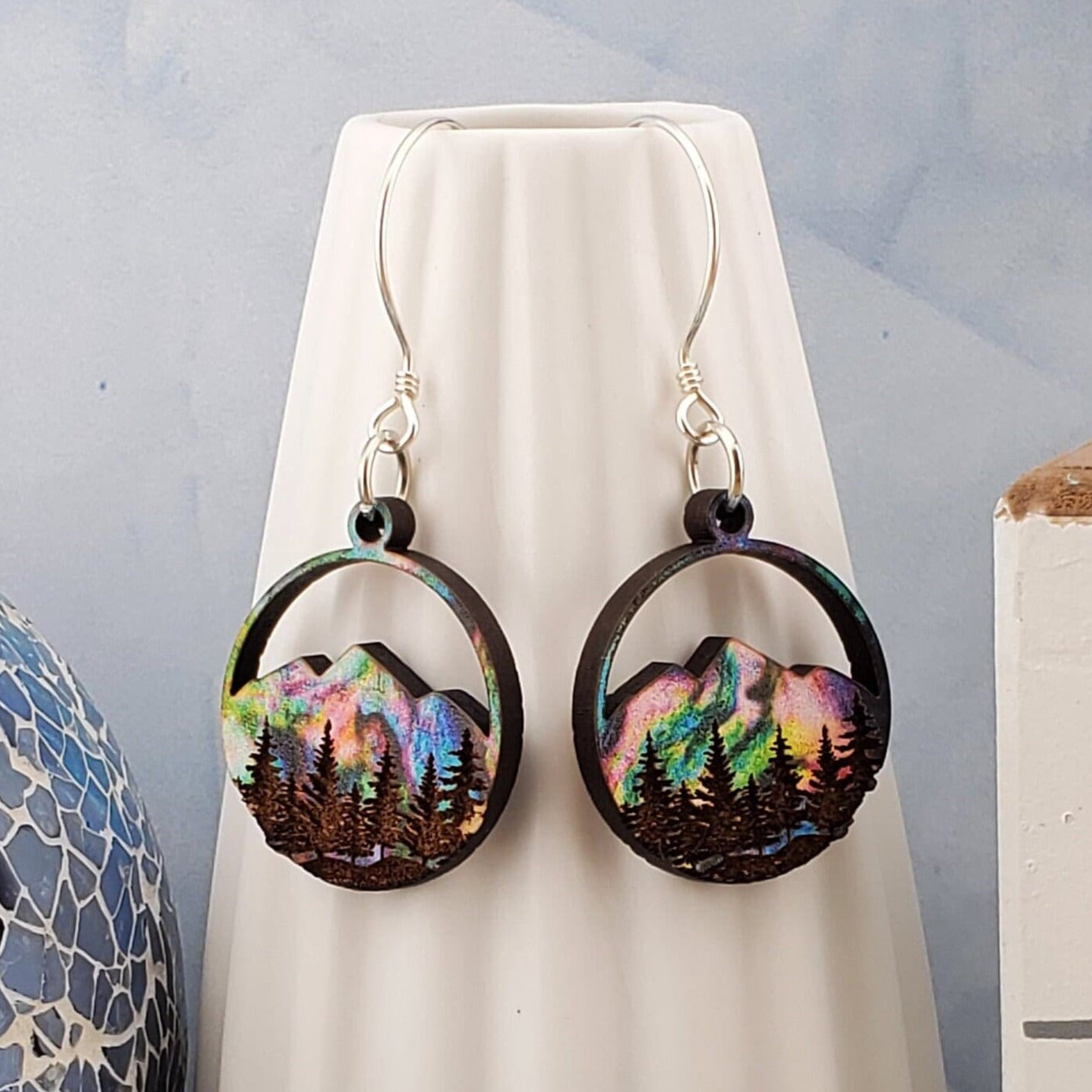 Northern Lights Mountains and Forest Sky - Laser cut Lightweight Wood earrings - Sterling Silver Hooks