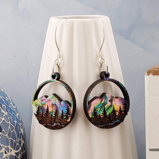 Northern Lights Mountains and Forest Sky - Laser cut Lightweight Wood earrings - Sterling Silver Hooks