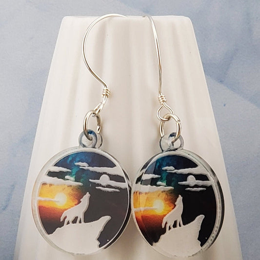 SS Howling Wolf- Sunset Sky earrings - Laser cut Lightweight Acrylic earrings - Sterling Silver Hooks