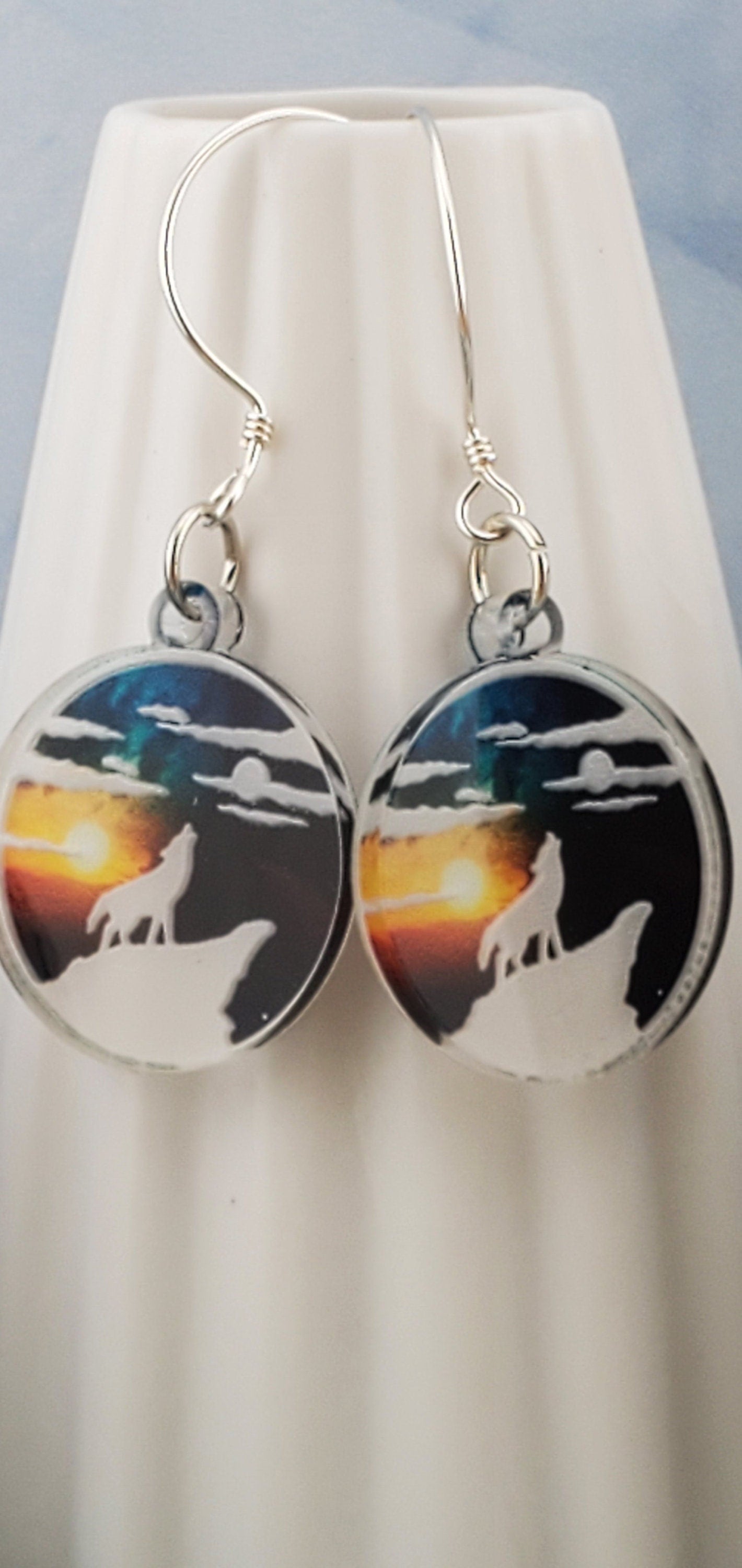 SS Howling Wolf- Sunset Sky earrings - Laser cut Lightweight Acrylic earrings - Sterling Silver Hooks