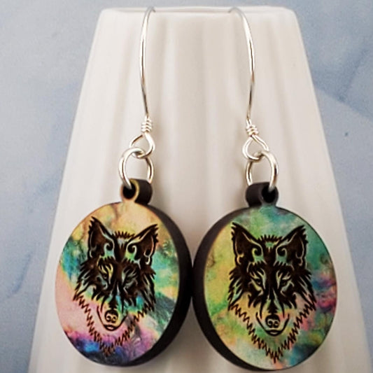 SS Colorful Wolf - Laser cut Lightweight Wood earrings - Sterling Silver Hooks