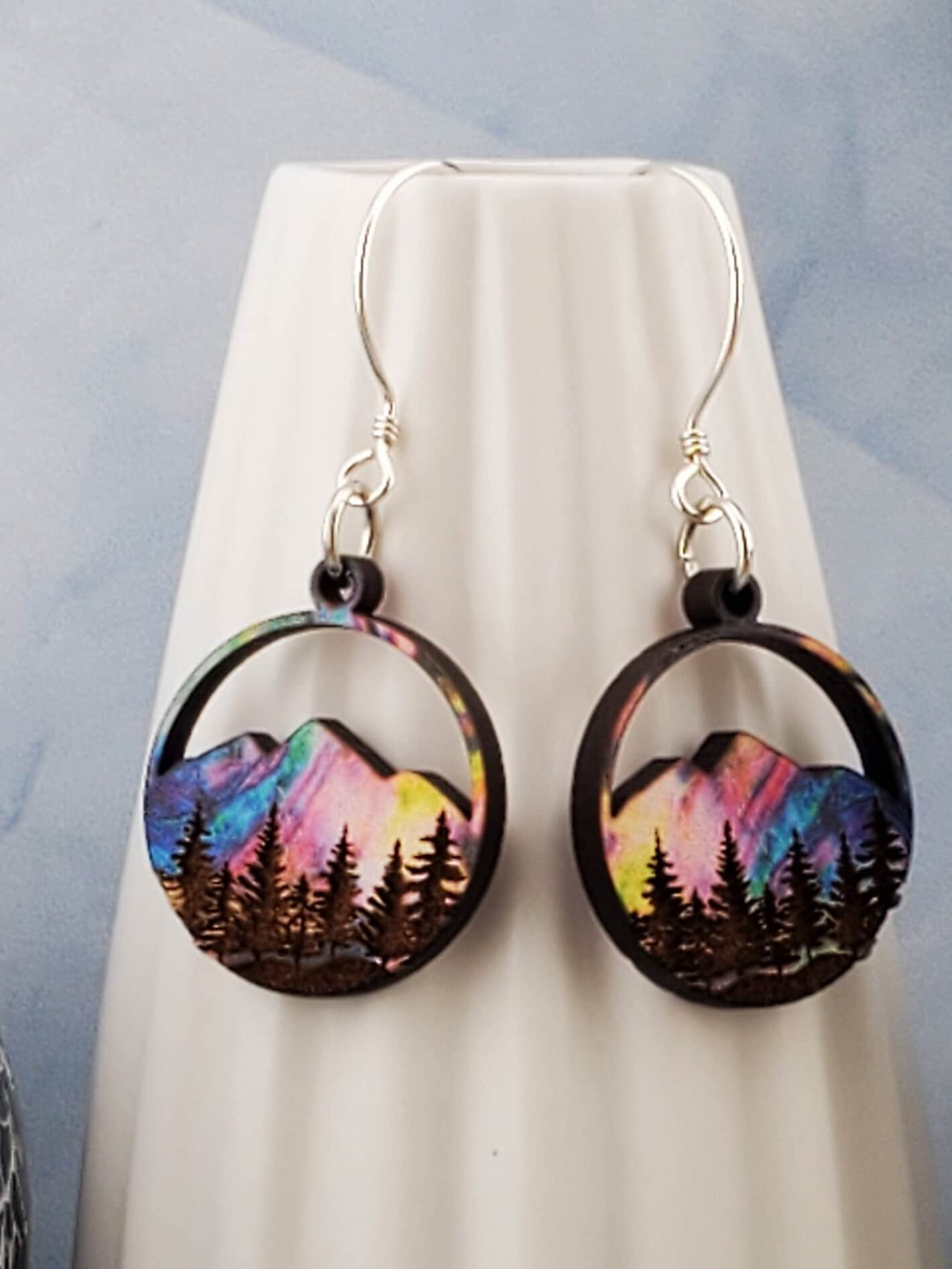 SS Northern Lights over Mountains and Forest - Laser cut Lightweight Wood earrings - Sterling Silver Hooks