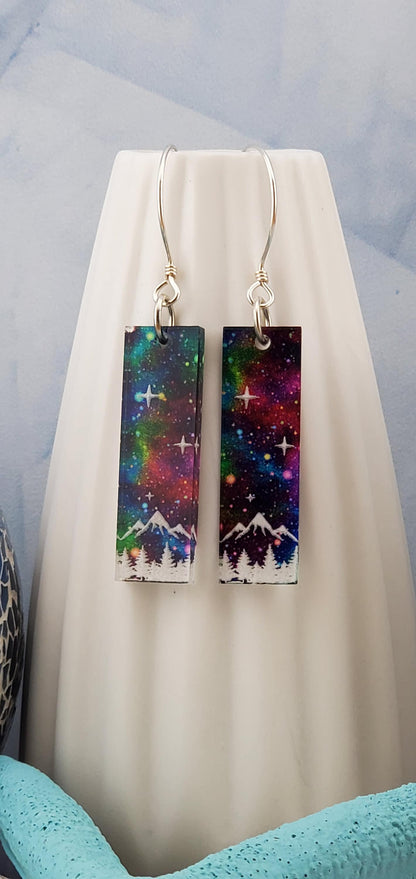 SS Northern Light Mountain Scene - Laser cut Lightweight Acrylic earrings - Sterling Silver Hooks