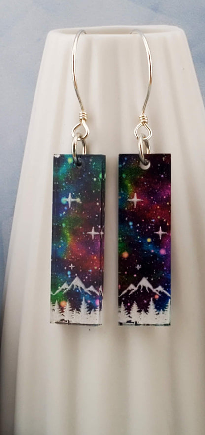 SS Northern Light Mountain Scene - Laser cut Lightweight Acrylic earrings - Sterling Silver Hooks