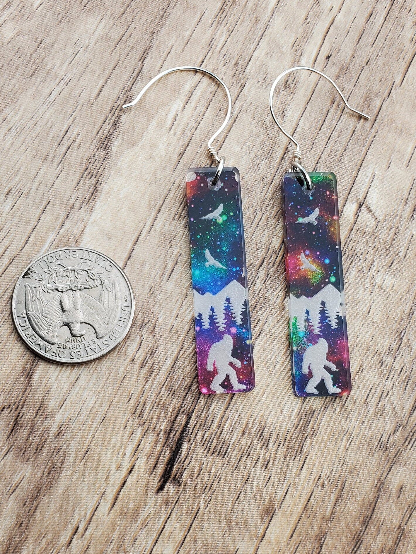 SS Northern Lights BigFoot in the Forest - Laser cut Lightweight Acrylic earrings - Sterling Silver Hooks