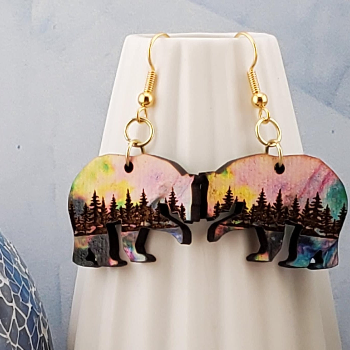 GP Northern Lights Polar Bear - Laser cut Lightweight Wood earrings - Gold Plated Hooks