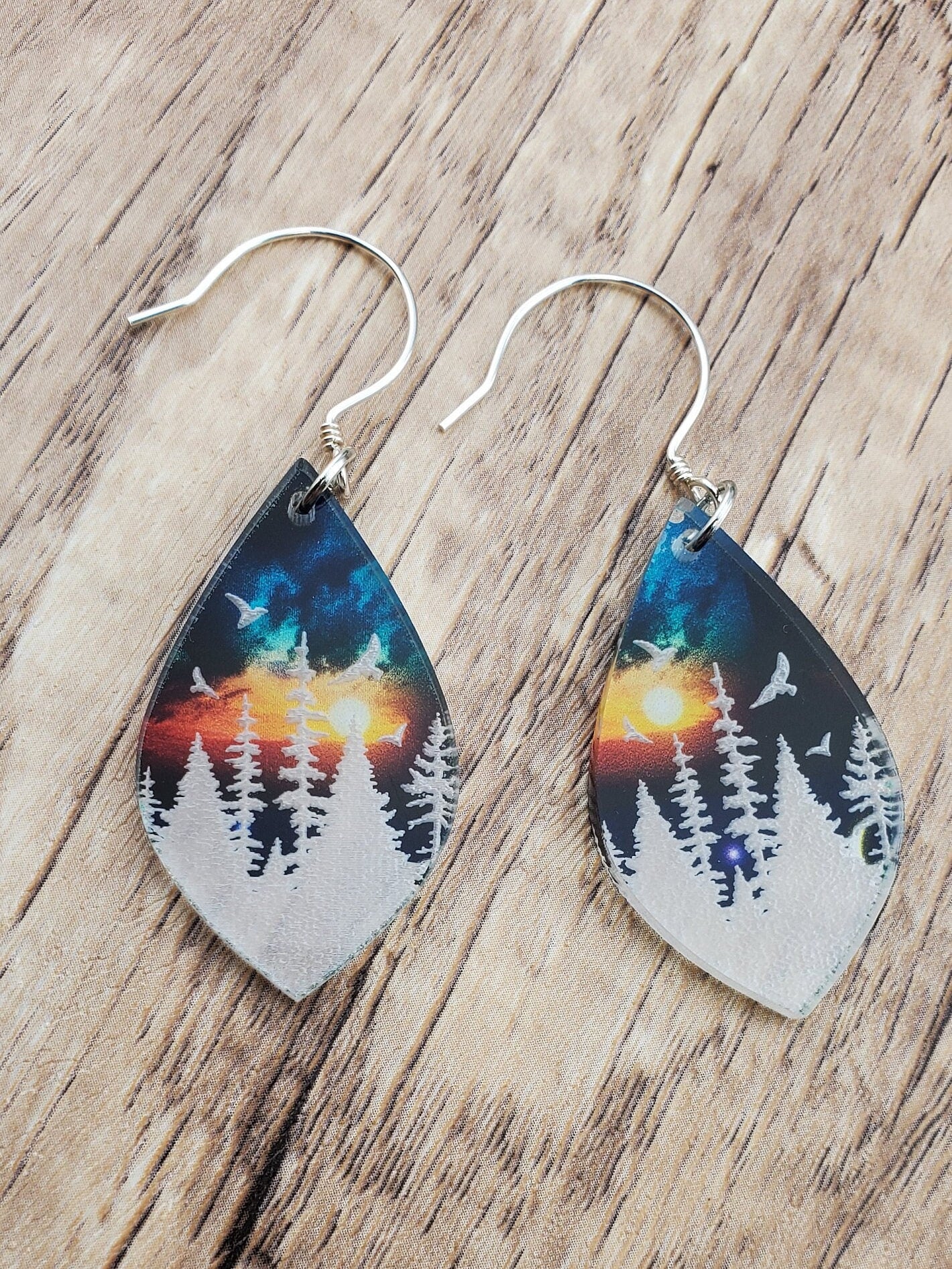 SS Mountain and Lake Sunset Sky - Laser cut Lightweight Acrylic earrings - Sterling Silver Hooks