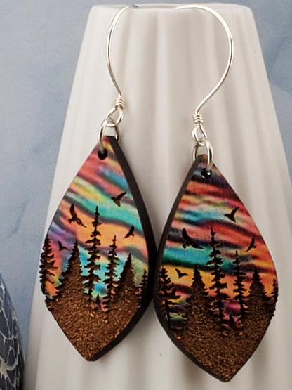 SS Northern Lights Painted Forest Sky - Laser cut Lightweight Wood earrings - Sterling Silver Hooks