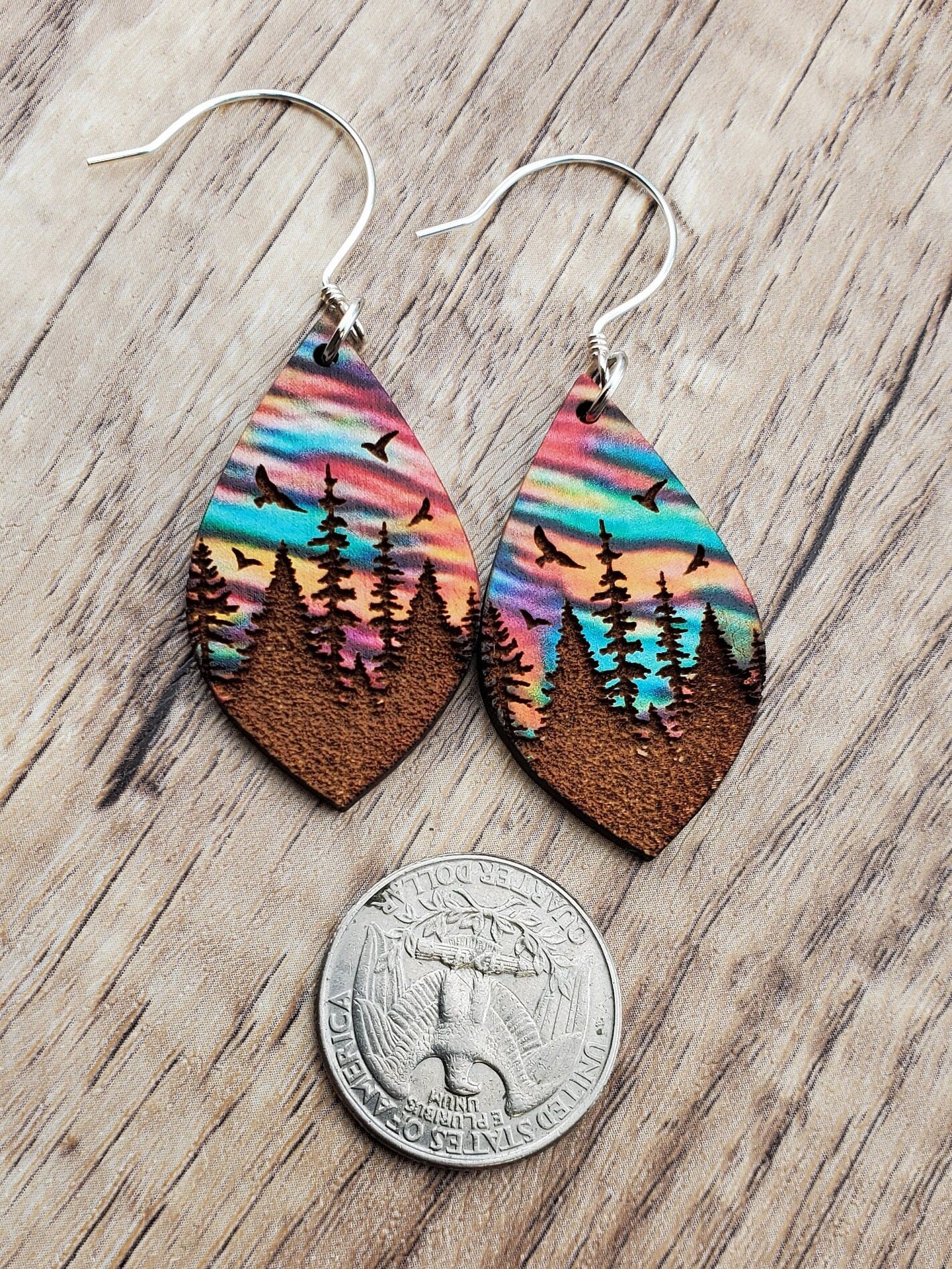 SS Northern Lights Painted Forest Sky - Laser cut Lightweight Wood earrings - Sterling Silver Hooks