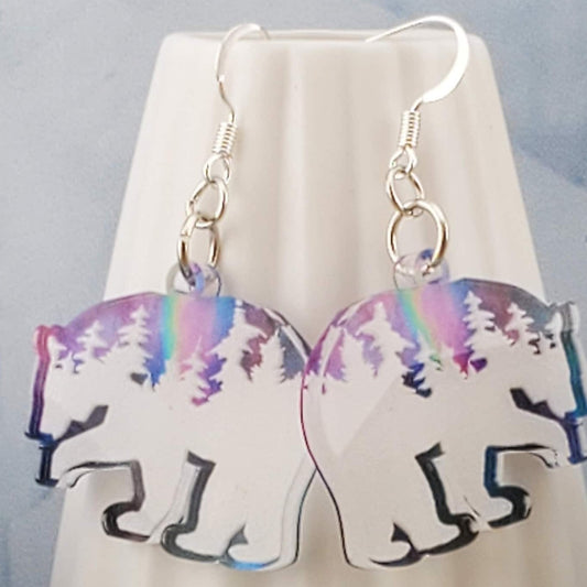 SP Northern Light Treeline Polar Bear earrings - Laser cut Lightweight Acrylic earrings - Silver Plated Hooks