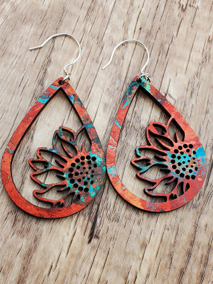 SS Autumn Sunflower - Laser cut Lightweight Wood earrings - Sterling Silver Hooks