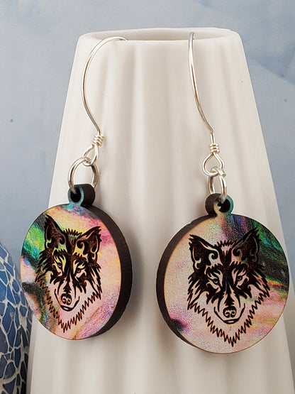 SS Colorful Wolf - Laser cut Lightweight Wood earrings - Sterling Silver Hooks