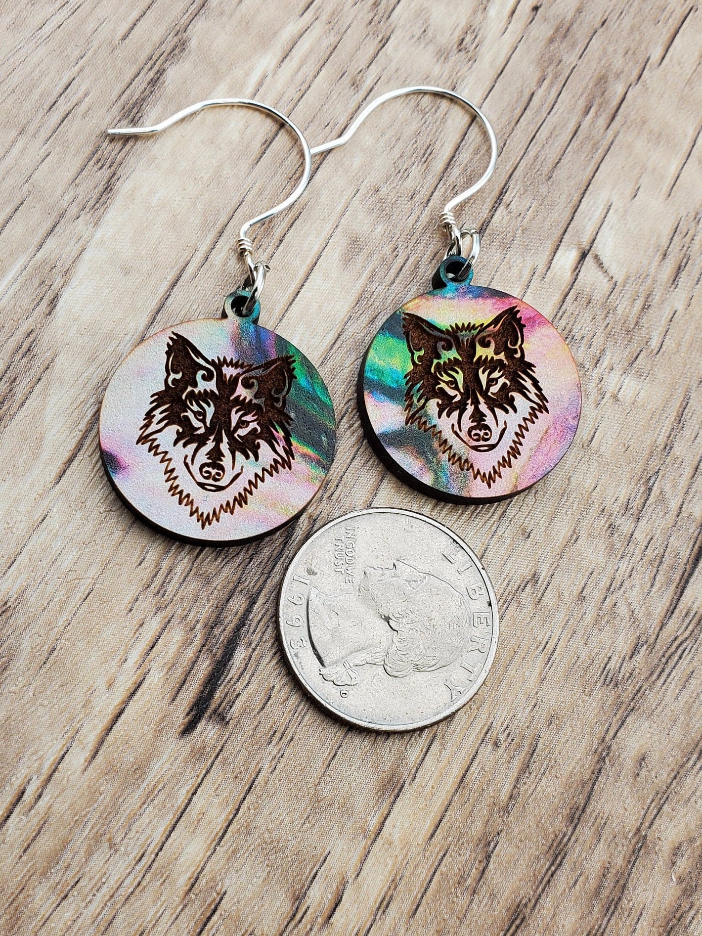 SS Colorful Wolf - Laser cut Lightweight Wood earrings - Sterling Silver Hooks