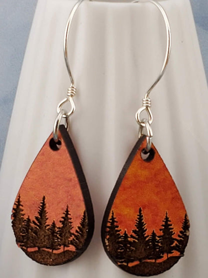 SS Autumn Sunset Forest Sky - Laser cut Lightweight Wood earrings - Sterling Silver Hooks