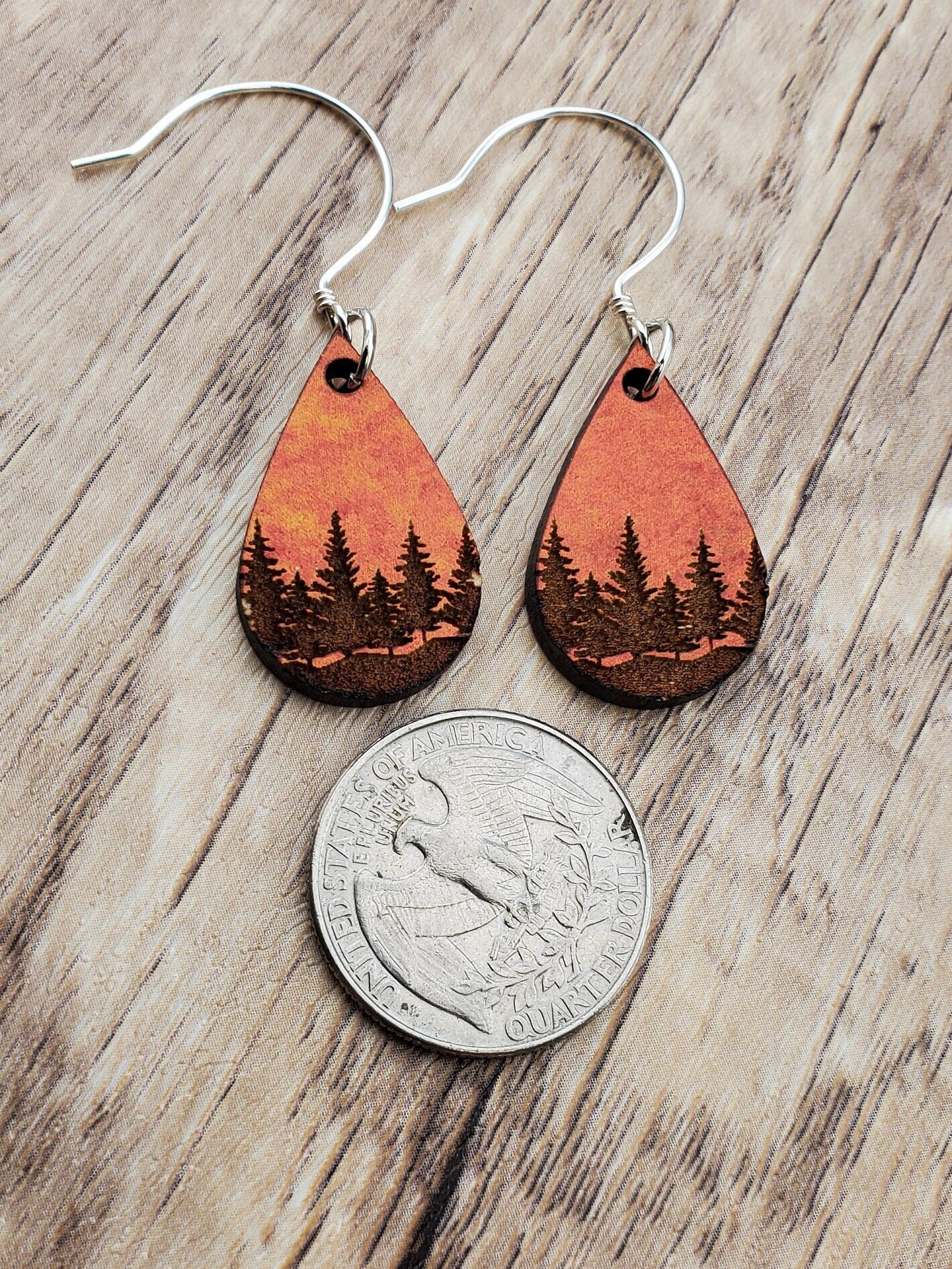 SS Autumn Sunset Forest Sky - Laser cut Lightweight Wood earrings - Sterling Silver Hooks