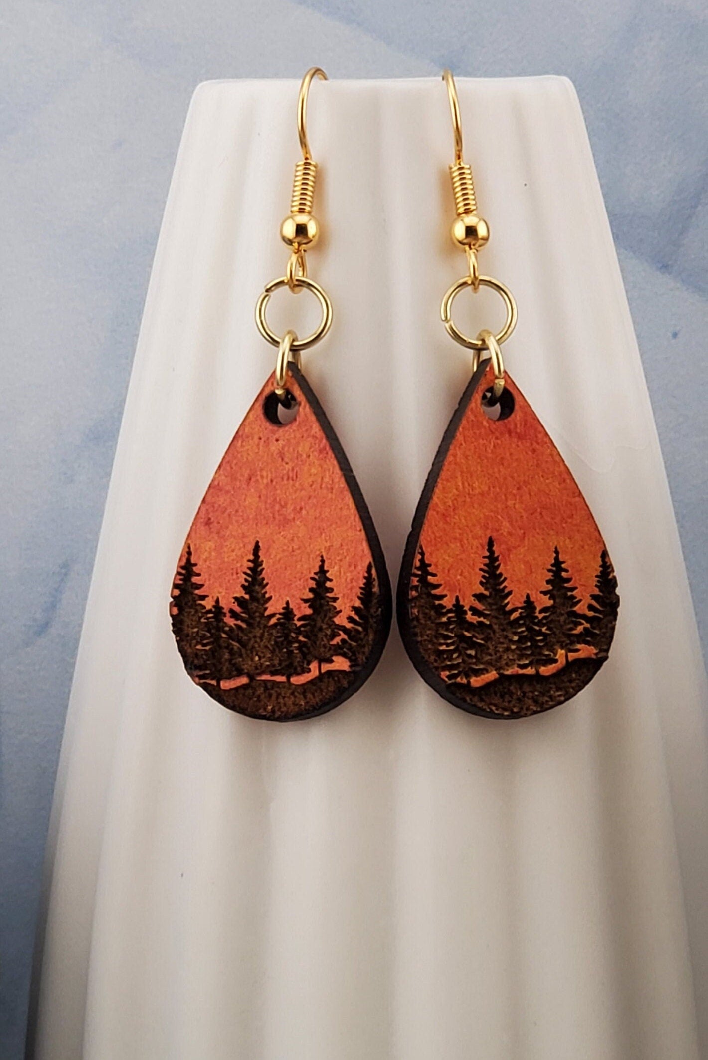 GP Sunset Tree Line - Laser cut engraved Lightweight Wood earrings - Gold Plated Hooks