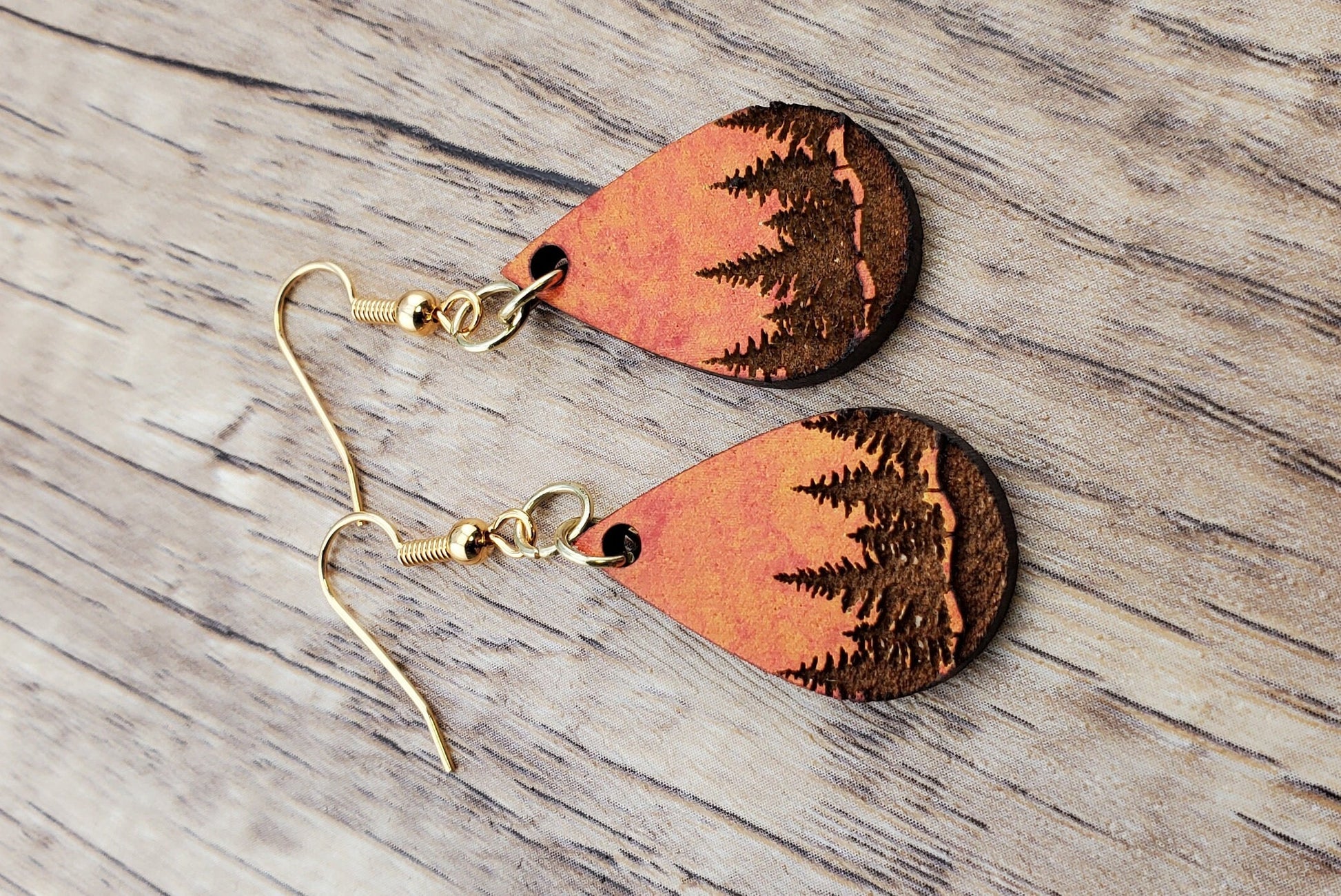 GP Sunset Tree Line - Laser cut engraved Lightweight Wood earrings - Gold Plated Hooks