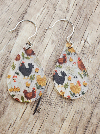 SS Give a Cluck - Chickens - Laser cut Lightweight Acrylic earrings - Sterling Silver Hooks