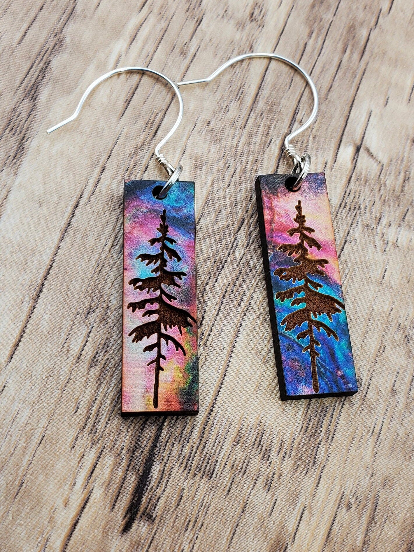 SS Northern Lights Forest Sky - Laser cut Lightweight Wood earrings - Sterling Silver Hooks