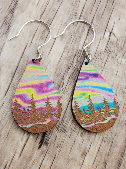 SS Northern Lights Painted Forest Sky - Laser cut Lightweight Wood earrings - Sterling Silver Hooks