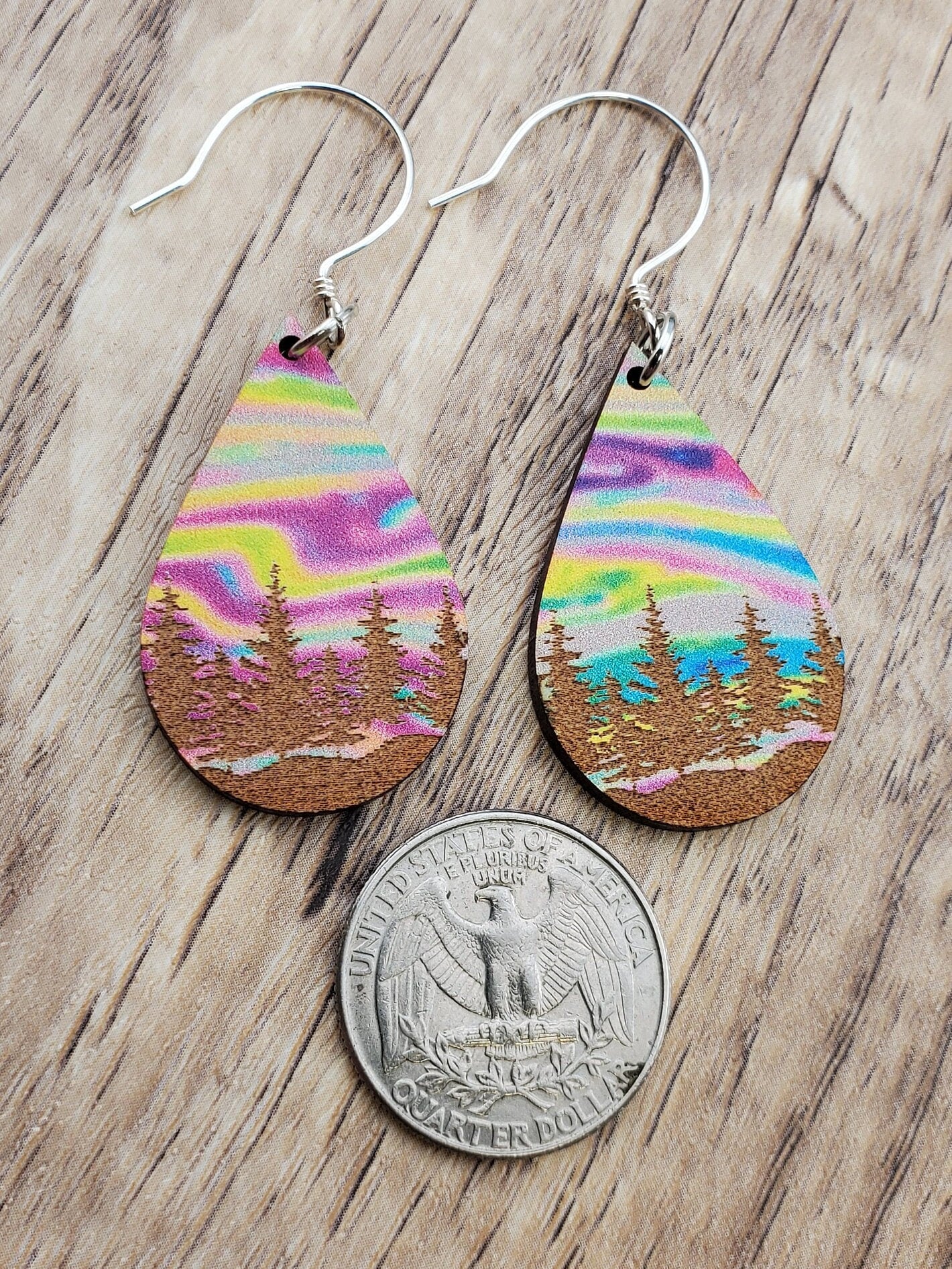 SS Northern Lights Painted Forest Sky - Laser cut Lightweight Wood earrings - Sterling Silver Hooks