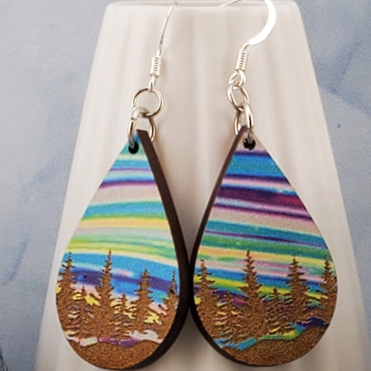 SP Colorful Tree Line earrings - Laser cut Lightweight Wood earrings - Silver Plated Hooks