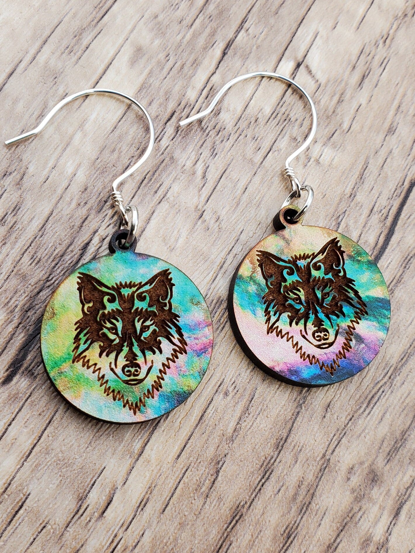 SS Colorful Wolf - Laser cut Lightweight Wood earrings - Sterling Silver Hooks